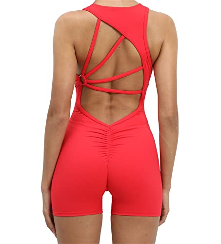 Qszmjo Women's Seamless Butt Lift V Neck Tracksuit Yoga Jumpsuit Backless Cutout Nude Feeling Workout Bodysuit for Athletic L