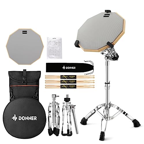 Donner Snare Drum Stand Set with Drum Practice Pad, 12'' Double-sided Silent Drum Pad set, Drumsticks, Backpack Adjustable Stand Fits 10''-14'' Dia Drums