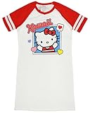 Bioworld Sanrio Hello Kitty Women's Kawaii Framed Heart Accents Varsity Stripe Pajama Sleep Shirt Nightgown (Large) Red/White