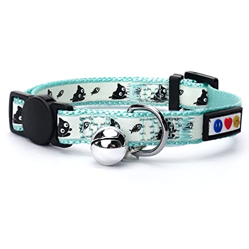 Pawtitas Glow in The Dark Cat Collar Kitten Collar with Safety Buckle and Removable Bell - Teal