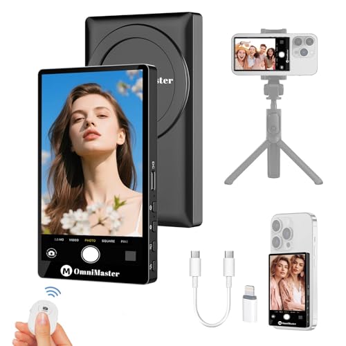 OmniMaster 4K30FPS Rear Camera Selfie Monitor for iPhone & Android, Magnetic Screen with 33ft Bluetooth Remote, USB-C/Lightning — Perfect for Travel Vlogs, TikTok & Live Streaming
