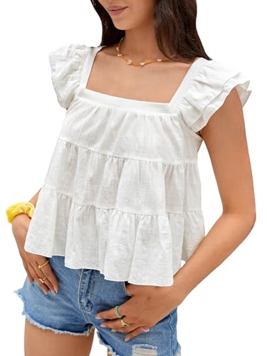 SweatyRocks Women's Ruffle Cap Sleeve Square Neck Flared Hem Blouse Shirt Tops White Small