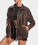 Casly Lamiit Women's Brown Leather Jacket Faux Oversized Zip Up Lapel Coat Motorcycle Bomber Jackets Fall Fashion Outfits Clothes Medium