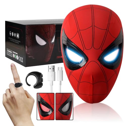 YONTYEQ Electric Spider Superhero Role-Playing Mask Toy with Moving Eyes and LED Lights - Remote Control Ring, Fun Gift for Men (red)