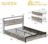 HAUSOURCE Queen Bed Frame with Storage Headboard and 4 Drawers LED Lights Metal Platform with Non-Slip Surface, Noise-Free Sturdy Metal Slat Support, No Box Spring Needed,Greige