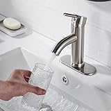 Brushed Nickel Bathroom Faucet Single Hole Bathroom Sink Faucet Single Handle One Hole Bathroom Faucet Wash Basin RV Faucet with pop-up Drain Suitable for 1 Hole or 3 Hole (Brushed Nickel, Short)