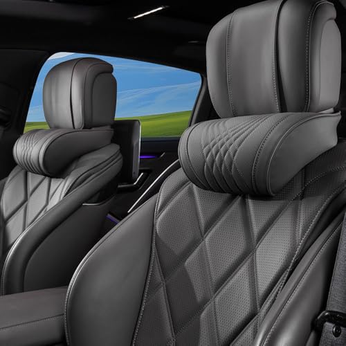 Dapucarin Car Headrest Memory Foam Neck Pillow for Driving with Leather Cover Soft Comfortable Seat Head Pillow Cushion for Most Cars SUV Sedan Home Office Black (2PC)