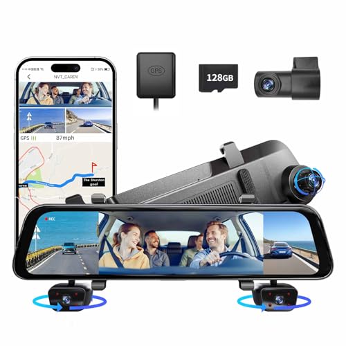 2025 Rearview Mirror Camera for Cars,12'' Mirror Dash Cam 4 Channel, 360 Dashcam Front Rear Inside,Touch Screen Backup Camera,IR Night Vision,WiFi,APP,GPS, 24/7 Recording Parking Monitor,Free 128GB SD