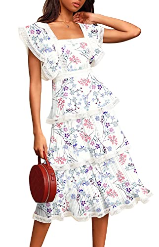 ETCYY Women's Summer Ruffle Dress Tiered Layed Chiffon Lace Short Sleeve Boho Floral Print Party Wedding Guest Maxi Dresses,Floral Club,X-Small