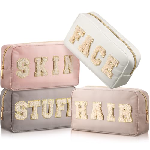 Cunno 4 Pcs Preppy Makeup Bags Chenille Letter Stuff Bag Nylon Cosmetic Pouch Cases with Zipper for Women Travel Toiletry (Light Apricot,Soft)