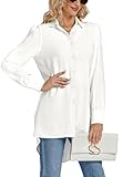 LYANER Women's Collar V Neck Split Hem Button Down Long Sleeve Long Shirt Blouse Tunic Top White Medium