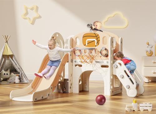 BIERUM 9 in 1 Toddler Slide, Baby Slide for Toddlers Age 1-3 with Ring Toss, Basketball Hoop and Telescope, Indoor Outdoor Playset Playground Beige Coffee