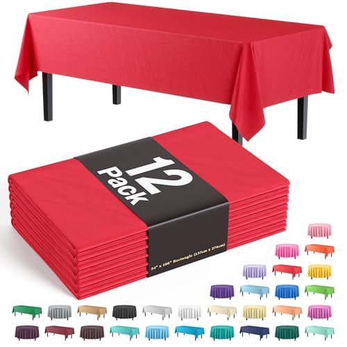 Party Solids 12-Pack Premium Plastic Tablecloth 54in. x 108in. Rectangle Table Cover - Red