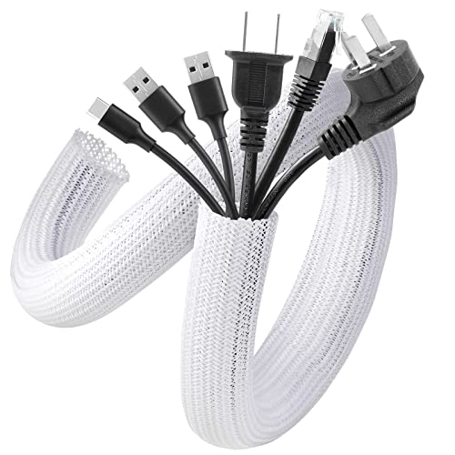 AGPTEK White Cable Sleeve Cover, 2 Pack 5ft - 1.2 inch Desk Cord Organizer Cable Hider, Home Office Wire Management Computer TV Wire Loom Tubing, Pet Proof Cord Protector, from Cat Dog Chewing, White