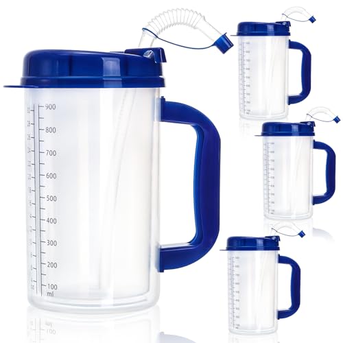 YIMITEE 4 Pack Hospital Water Cup with Straw and Lid, 32 OZ Double-Walled Insulated Hospital Mug, Plastic Hospital Drinking Bottle Carafe with Scales for Daily Intake Remind, Kitchen, Bake, Nursing