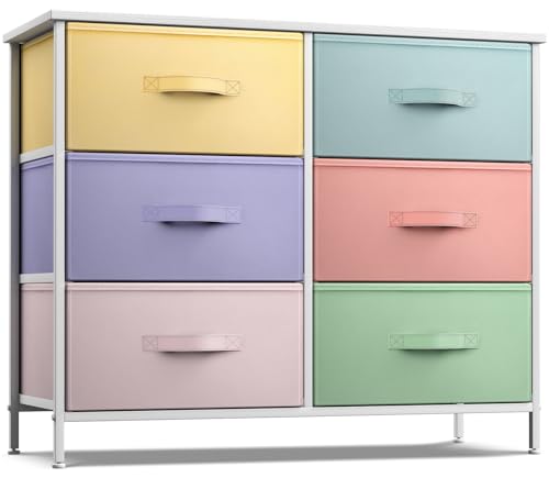 Sorbus Dresser with 6 Drawers - Furniture Storage Tower Unit for Bedroom, Hallway, Closet, Office Organization - Steel Frame, Wood Top, Easy Pull Fabric Bins (Pastel/White)