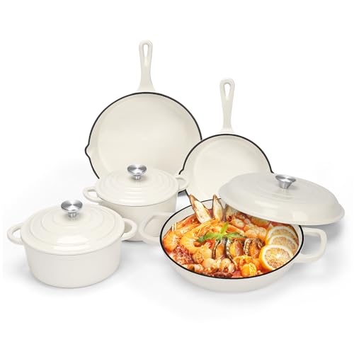 Nonstick Enameled Cast Iron Cookware Set - 8 Piece Pots and Pans with Lid, Frying Pan, Skillet, Dutch Oven Set for All Stovetops, Ideal for Sourdough Bread Baking, Comes with Organizer, Cream White