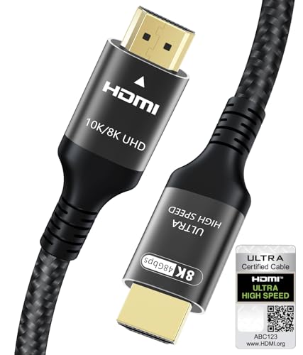 Adauxter Certified 10K 8K HDMI 2.1 Cable 10 FT, 48Gbps Ultra High Speed HDMI Cable with Ethernet 4K 240Hz 165Hz 144Hz 120Hz 8K60Hz eARC HDCP2.3 HDR10+ PC Laptop TV Monitor Projector