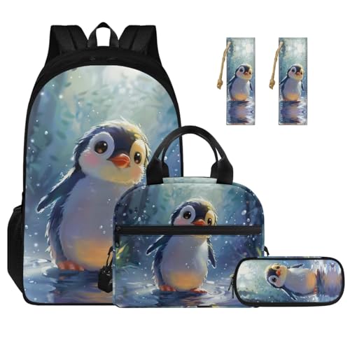 Ystardream 3D Penguin Backpack for School Girls Bookbag with Lunch Box Set of 4 Middle School Backpacks Matching BookMark for Girls - Funny Bookbag and Pencil Case 7Th Grade Teens Student