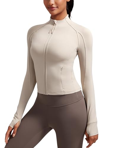 CRZ YOGA Butterluxe Womens Cropped Slim Fit Workout Jacket Weightless Track Athletic Full Zip Up Tops with Thumb Holes Mojave Tan Small