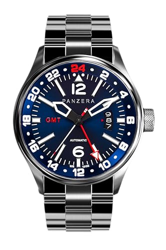 Panzera Flieger 45G Men’s Automatic GMT Pilot Watch – 45mm Stainless Steel, NH34A Movement, Dual Time Zone, Sapphire Crystal, Luminous Dial, 100m Water Resistant