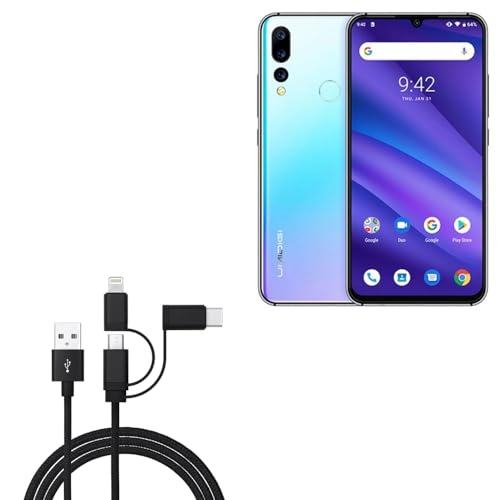 BoxWave Cable Compatible with Umidigi A5 Pro - AllCharge 3-in-1 Cable - Jet Black