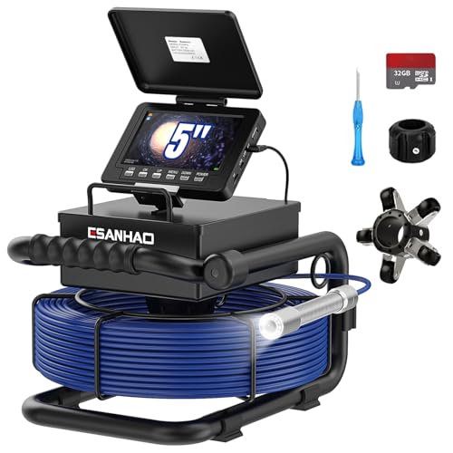 ESANHAO Sewer Camera 100ft Drain Snake Plumbing Inspection Camera 5" Screen with Video Recording DVR Included 32GB TF-Card