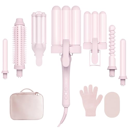 Curling Iron Set 7-in-1, Curling Wand Set with 7 Interchangeable Barrels Included A Heated Round Brush, 3 Hair Crimper, Ceramic Coating Protect Hair, with Gift Package (0.6"-1.25") Pink