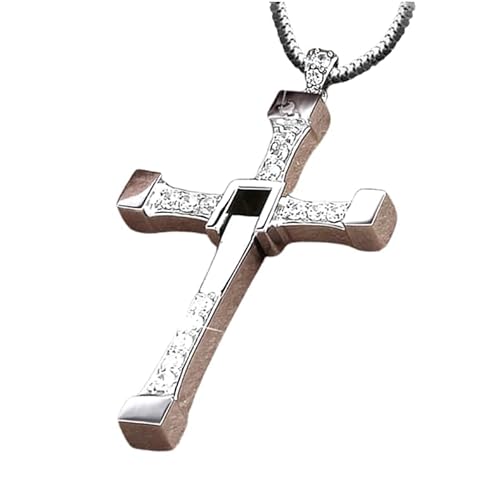 S925 Silver Cross Pendant Necklace for men ~ FF9 Dominic Jakob Toretto Necklace ~ Silver Jewelry For Men Women ~ Solid Silver Inlaid Zircons Rotatable pendant ✬✬✬By Fantasy World✬✬✬ (Medium pendant 55mm X 36mm, W3.0mm L50cm Chain)