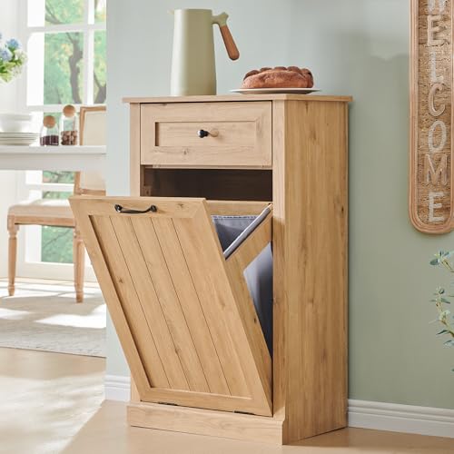 IFGET Tilt Out Trash Can Cabinet, 10 Gallon Farmhouse Laundry Hamper Cabinet with Drawer, Hidden Wooden Trash Garbage Can Bin with Storage Basket for Kitchen, Living Room (Natural)