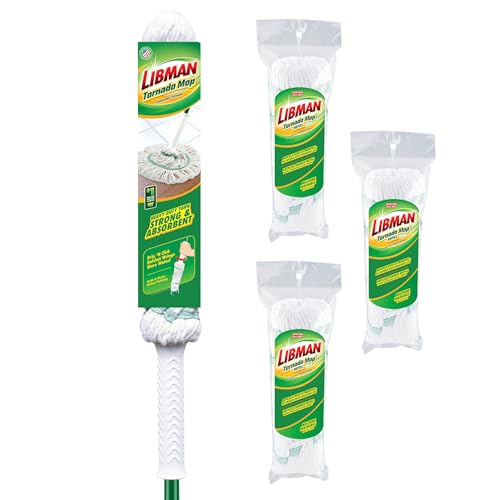 Libman Tornado Mop & Three Refills | Self Wringing Mop | Cotton Mop Head | Twist Mop | Twist Mop Head Replacement | Machine Washable | 4 Total Self Wring Mop Heads