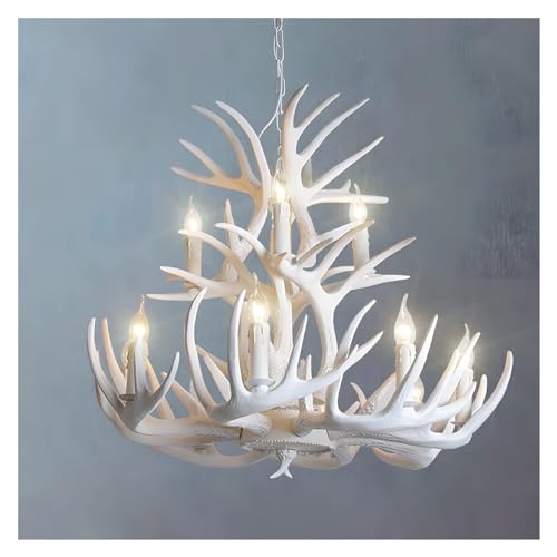 White Antler Chandelier, Farmhouse Rustic Deer Horn Chandelier Lighting Classic Candle Style, Cabin Vintage Large Pendant Lamp 9 Lights 18 Arms, Faux Antler Hanging Ceiling Light ( Color : White , Siz