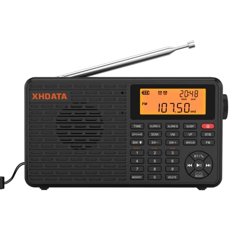 XHDATA D109 Portable Shortwave Radio Battery Operated AM FM SW LW World Band Radio DSP Good Reception with Great Sound Mp3 Speaker Wireless BT Alarm Clock Sleep Function TF Card Support