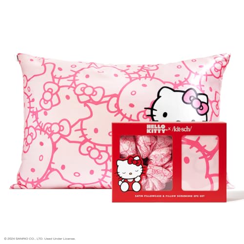 Kitsch Hello Kitty Satin Pillowcase, Softer Than Silk for Hair & Skin, Machine Washable, Wrinkle-Free, Standard Size, and Satin Scrunchies No Damage Hair Ties Pink Kitty Faces, 2 Piece Set