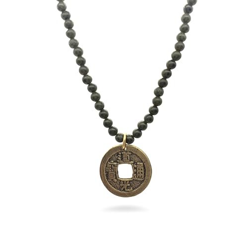 MUSEUM REPRODUCTIONS I Ching Coin Necklace with Dark Jade - 17 Inches - Ancient Chinese Inspired