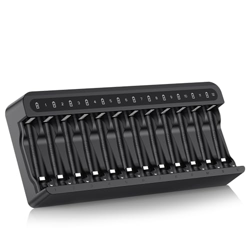 POWEROWL 12 Bay AA AAA Battery Charger, USB High-Speed Charging, Independent Slot, for Ni-MH Ni-CD Rechargeable Batteries