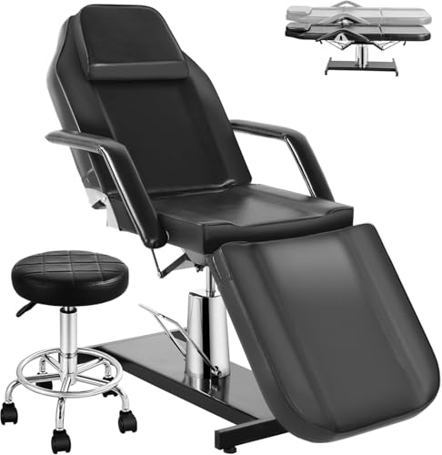 KIIUMI Facial Tattoo Chair Hydraulic Lash Esthetician Bed for Client, Beauty Barber Massage Table with Rolling Stool, Adjustable 360° Swive 3-Section Artist Spa Salon Chair Equipment, Black