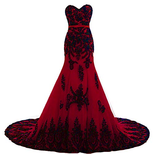 Vintage Black Lace Gothic Mermaid Prom Dresses Wedding Evening Gowns Burgundy 14