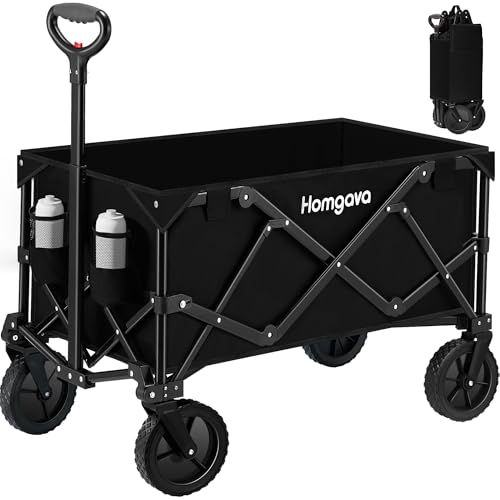 Homgava Collapsible Folding Wagon Cart 150L,Heavy Duty Garden Cart with All Terrain Wheels,Portable Large Capacity Utility Wagon Cart for Camping Fishing Sports Shopping,Black