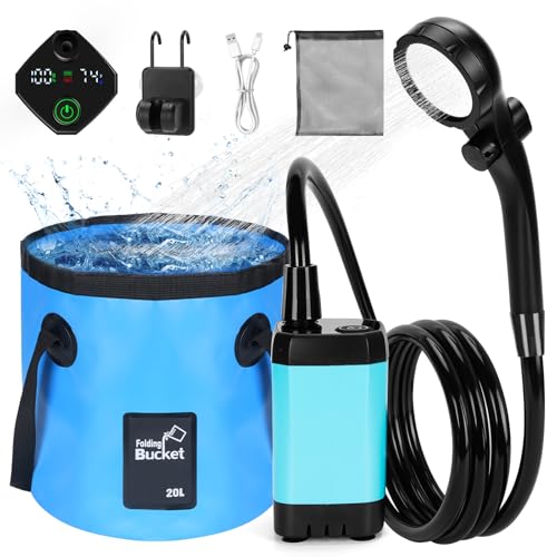 ALIESTFDNO Portable Shower for Camping with 20L / 5.28 Gallons Foldable Bucket, 7800mAh Rechargeable Shower Pump, Outdoor Shower Kit with Digital Display for Hiking, Travel, Car, Pet