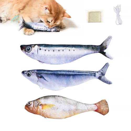 Petgravity Bite-Sized Realistic Flopping Fish Cat Toys, 3 Pack, Interactive Cat Toys for All Breeds, Tap-Activated 3 Flapping Mode, Sardine/Saury/Yellow Croaker, 7.1 Inches, with Catnip, Rechargeable