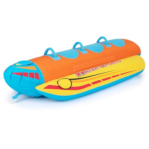 Goplus Inflatable Towable Tubes for Boating, 1-3 Rider Hot Dog Tube for Boat to Pull, Water Sports Banana Boat with 3 EVA-Padded Seats for Towing Rider