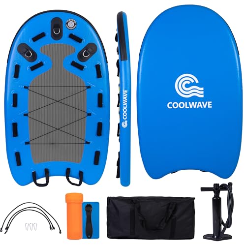 COOLWAVE Inflatable Water Rescue Sled Lightweight Jet Ski Rescue Sled, Emergency Rescue Board for Lifeguards, Divers, and Surfers, 73 × 39 × 4 inches, Blue Grey/Blue Yellow