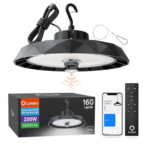 Lumary Smart Hanging Shop Light for Garage w/Radar Motion Sensor, Bluetooth UFO LED High Bay Light 200W 120-277V Metal, Work with Alexa via Hub-Not Included, Brightness 1-100% 5000K for Workshop