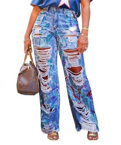 TACSTRUN Women's Baggy High Waisted Jeans Stretchy Washed Graffiti Prints Ripped Straight Leg Denim Jeans,Blue,XXL