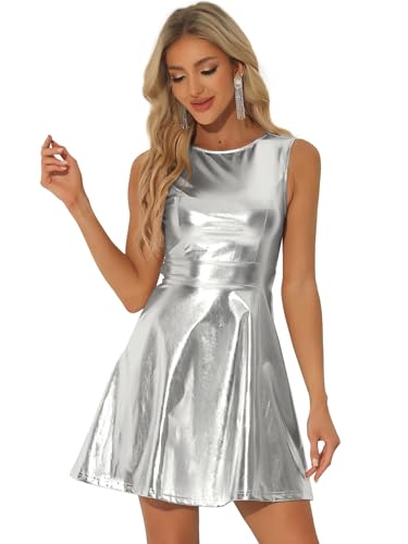 Allegra K Women's Metallic Sleeveless High Waist Club Party Disco Holographic Dress Medium Shiny Silver