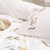 White Flower Pillowcases, Embroidery Flower Pillow Cases Set of 2, 100% Washed Microfiber, Boho Chic Branches Flower Pillow Cover, 2 Pack (Queen, White Flower)