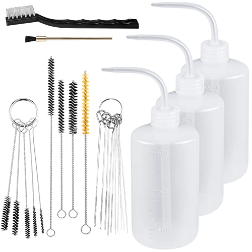 Roshtia 24 Pieces Spray Gun Cleaning Kit 3 Pcs Bottle and 21 Pcs Spray Paint Gun Cleaning Brushes 500ml Plastic Squeeze Wash Bottle Tube Bottle Brushes Paint Gun Cleaning Kit