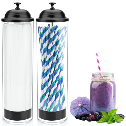 13.5 inch Straw Holder for Standard& Long Bended Size Drinking Straws, Acrylic Plastic Straw Dispenser for Counter with Lid Black Pack of 2(Straws Not Include)