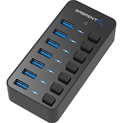 SABRENT 36W 7 Port USB 3.0 Hub with Individual Power Switches and LEDs Includes 36W 12V/3A Power Adapter (HB-BUP7)